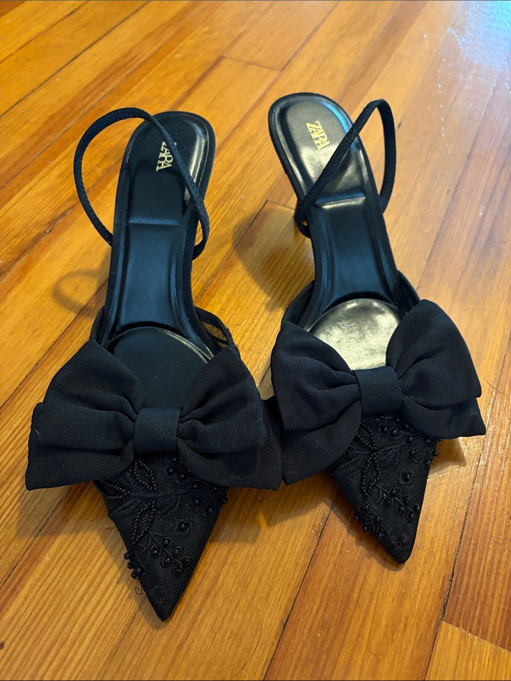 Zara Black Pointed Slingback Heels with Bow